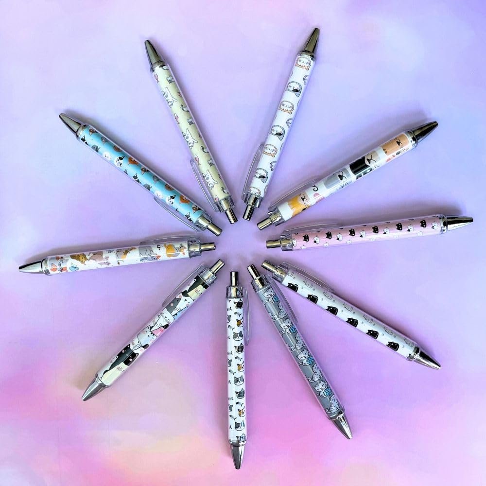 10PC Cat Ink Pens Set Cute Kawaii Funny Cats Kitty Themed Paw Ballpoint Gel Pen School Stationary Notebook Diary For Women Lovers Office Worker Supplies Stuff Clipboard Decor Desk Accessories Gifts