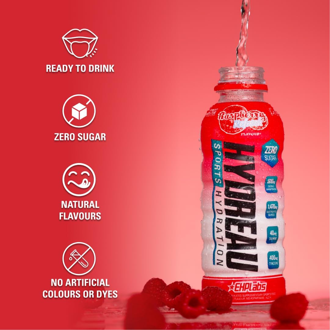 EHP Labs Hydreau Sports Electrolyte Hydration Drink - Sugar Free Electrolytes with Coconut Water Powder, Taurine & Tyrosine - Essential Electrolytes for Energy, Focus, & Endurance. 12 Pack, Raspberry Refresh