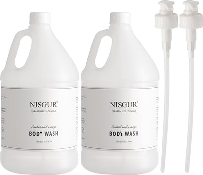 NISGUR Hotel Body Wash in Gallon Size 1 Gallon Each Total 2 Gallon Jugs with Extra Pump Dispenser to Refill Wall-mounted and Stand Dispenser Aloe vera, Green Tea Extract Infused Hotel Toiletries