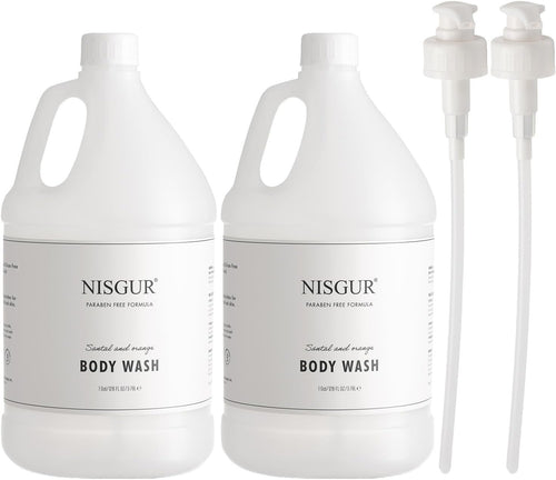 NISGUR Hotel Body Wash in Gallon Size 1 Gallon Each Total 2 Gallon Jugs with Extra Pump Dispenser to Refill Wall-mounted and Stand Dispenser Aloe vera, Green Tea Extract Infused Hotel Toiletries