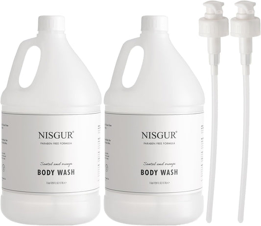 NISGUR Hotel Body Wash in Gallon Size 1 Gallon Each Total 2 Gallon Jugs with Extra Pump Dispenser to Refill Wall-mounted and Stand Dispenser Aloe vera, Green Tea Extract Infused Hotel Toiletries