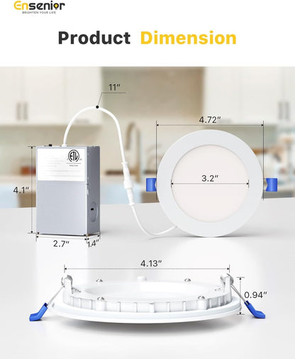 Ensenior 4Inch LED Recessed Slim Pot Light with Junction Box, 2700K/3000K/3500K/4000K/5000K Changeable, 9W 75W Eqv, Dimmable IC-Rated Ceiling Lighting, 750LM High Brightness (12 Pack)