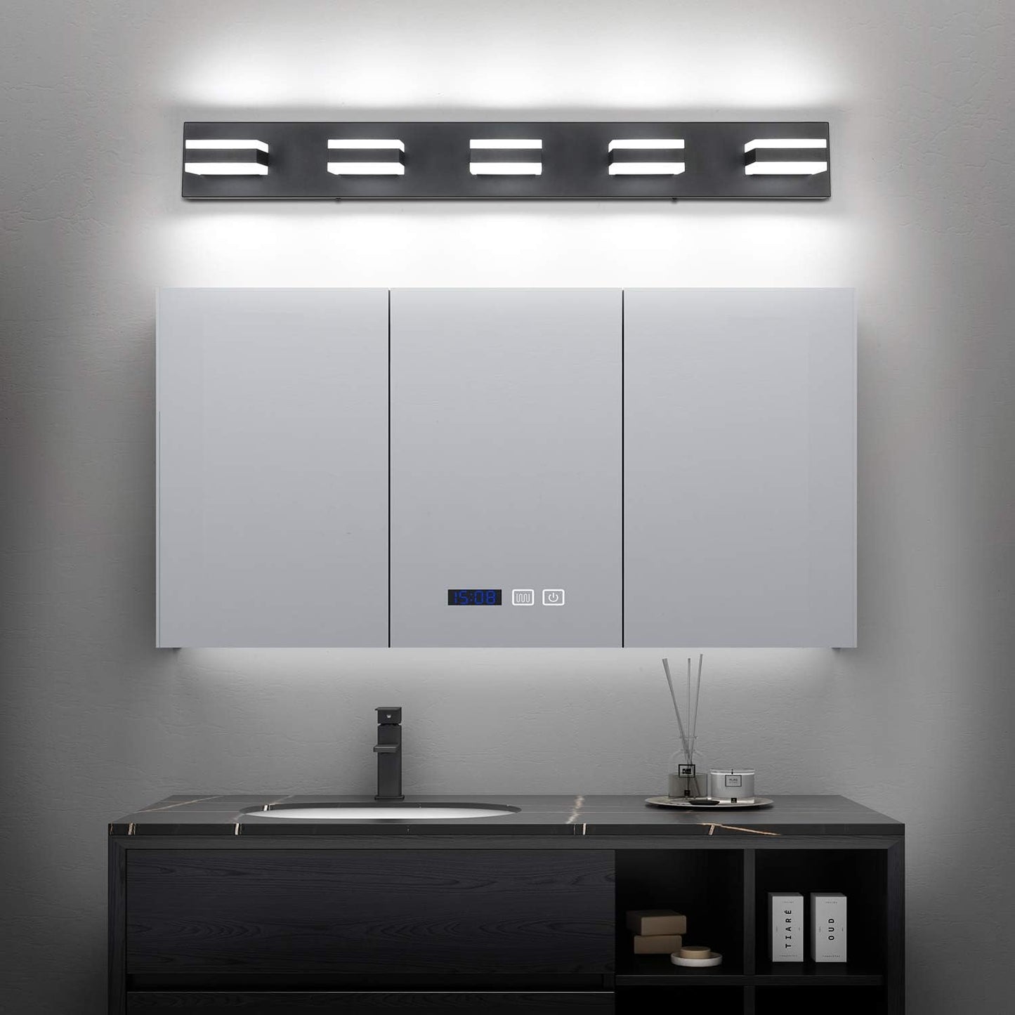 SOLFART Dimmable LED Modern Black Bathroom Vanity Lights Over Mirror 5 Lights Acrylic Bath Wall Lighting S8568 (5 Lights)
