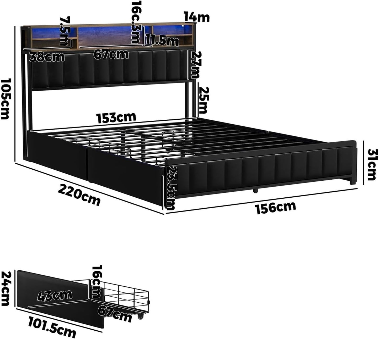 Oikiture Queen Size Bed Frame with 5 LED Open Display Shelves and 4 Drawers Metal Queen Bed with Bed Head Black
