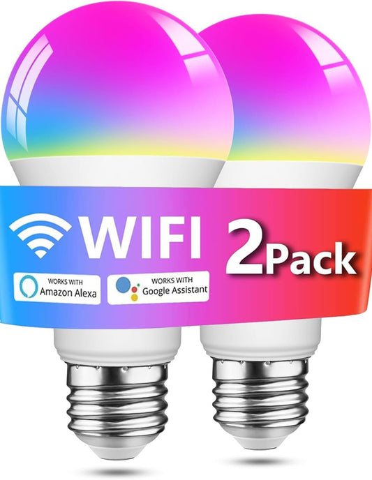 Smart A19 LED Light Bulb 2-Pack â€“ Color Changing RGBCW 9W (60W Equivalent) 800 LM Wi-Fi & Bluetooth, Alexa & Google Voice Control, No Hub Required