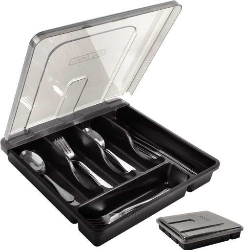 Gikecor Cutlery Organizer with Lid, Silverware Utensil Organizer for Kitchen Countertop, 5 Compartments Flatware Tray Drawer Organizer for Silverware