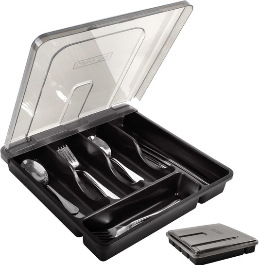 Gikecor Cutlery Organizer with Lid, Silverware Utensil Organizer for Kitchen Countertop, 5 Compartments Flatware Tray Drawer Organizer for Silverware