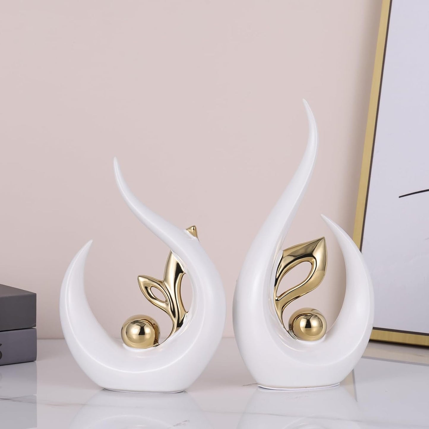 White Gold Abstract Sculptures Home Decor, Ceramic Art Statue Cool Stuff to Put on Shelves&tv Stand Decor, Gold Accent Entertainment Center Decor, Ideal Fireplace Coffee Table Dining Table Decor