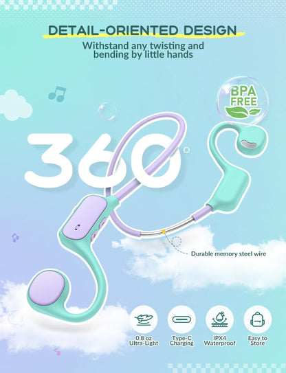 iClever Kids Headphones, Bluetooth 5.4 Air Conduction Open Ear Headphones, Safe Volume 74&85 dBA, Clear Audio, 360° Bending, Ultra-Light Comfortable Kids Wireless Headphone for iPad/Travel/Sports