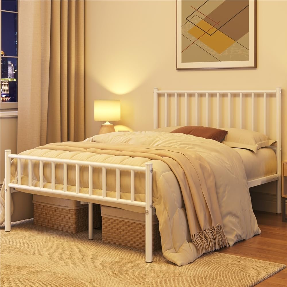 FullFurnique Metal Full Bed Frame, White Platform Bed Frame with Iron-Art Headboard and Footboard, Under Bed Storage, No Box Spring Needed, Steel Slat Support