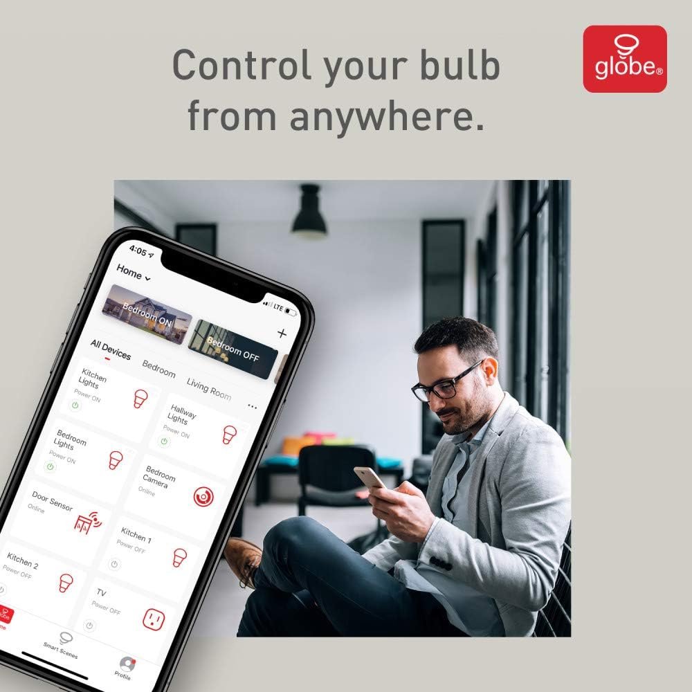 Globe Electric Wi-Fi Smart 10 Watt (60W Equivalent) Tunable White Dimmable Frosted Led Light Bulb, No Hub Required, Voice Activated, 2000K - 5000K, A19 Shape, E26 Base 34204
