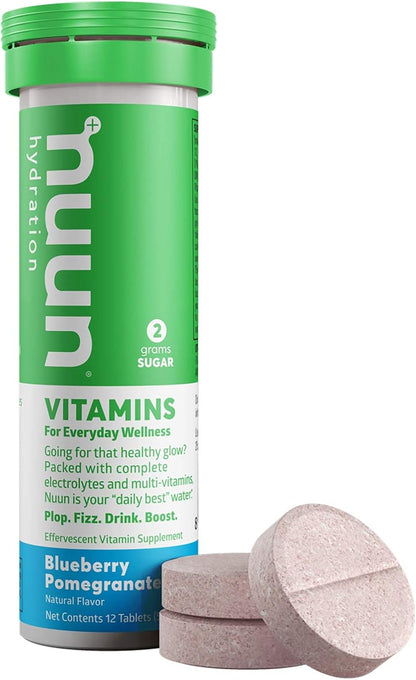 Nuun Hydration: Vitamin + Electrolyte Drink Tablets, Blueberry Pomegranate, Box of 8 Tubes (96 servings), Enhanced for Energy and Daily Health