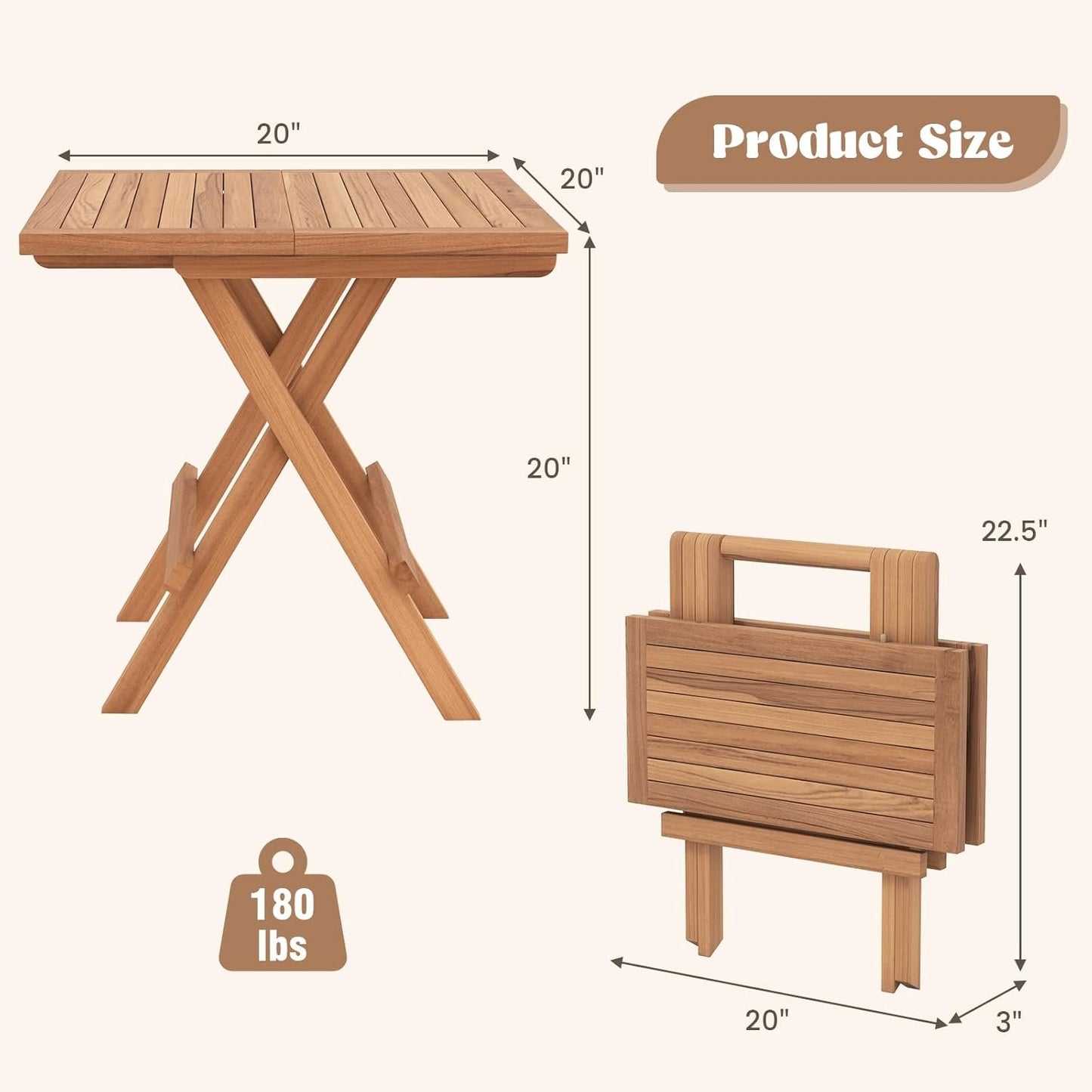 HAPPYGRILL Square Folding Patio Side Table, Indonesia Teak Wood Dining Table with Slatted Tabletop, Sturdy X-Shaped Frame, Outdoor Patio End Table for Garden Deck Porch Balcony Backyard Camping