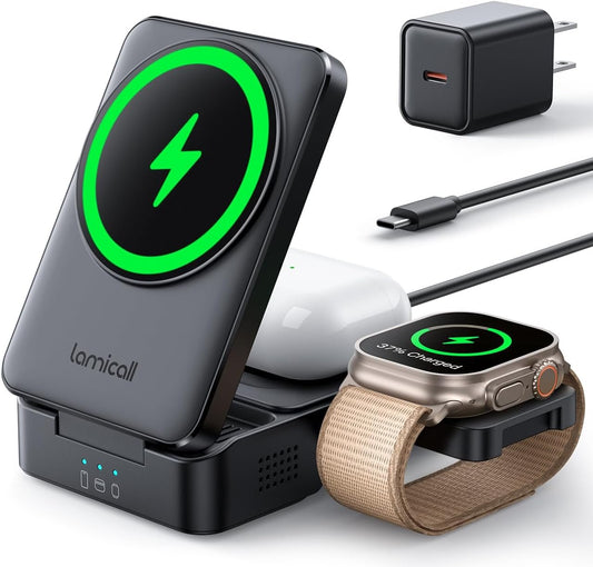 Lamicall 3 in 1 Charging Station for Apple - Foldable Portable Wireless Charger Stand for MagSafe, Charger Station+20W Power Adapter+1.5m Charger Cable for iPhone 16 Pro 15 14 13, Apple Watch, AirPods