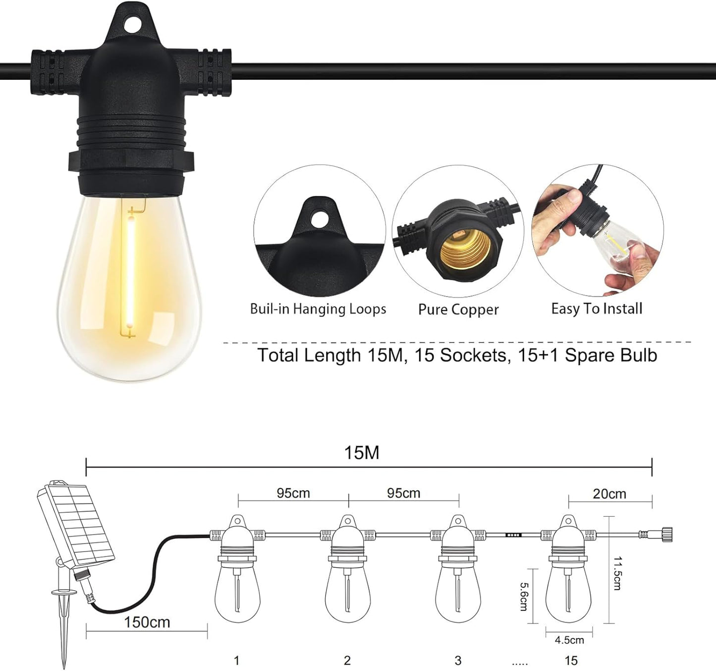 15M Solar Festoon Lights Outdoor, 2700K Warm White Solar Powered String Lights with 2400mAh Battery, 15+1 S14 Festoon Light for Patio Backyard Balcony Gazebo Party Carport