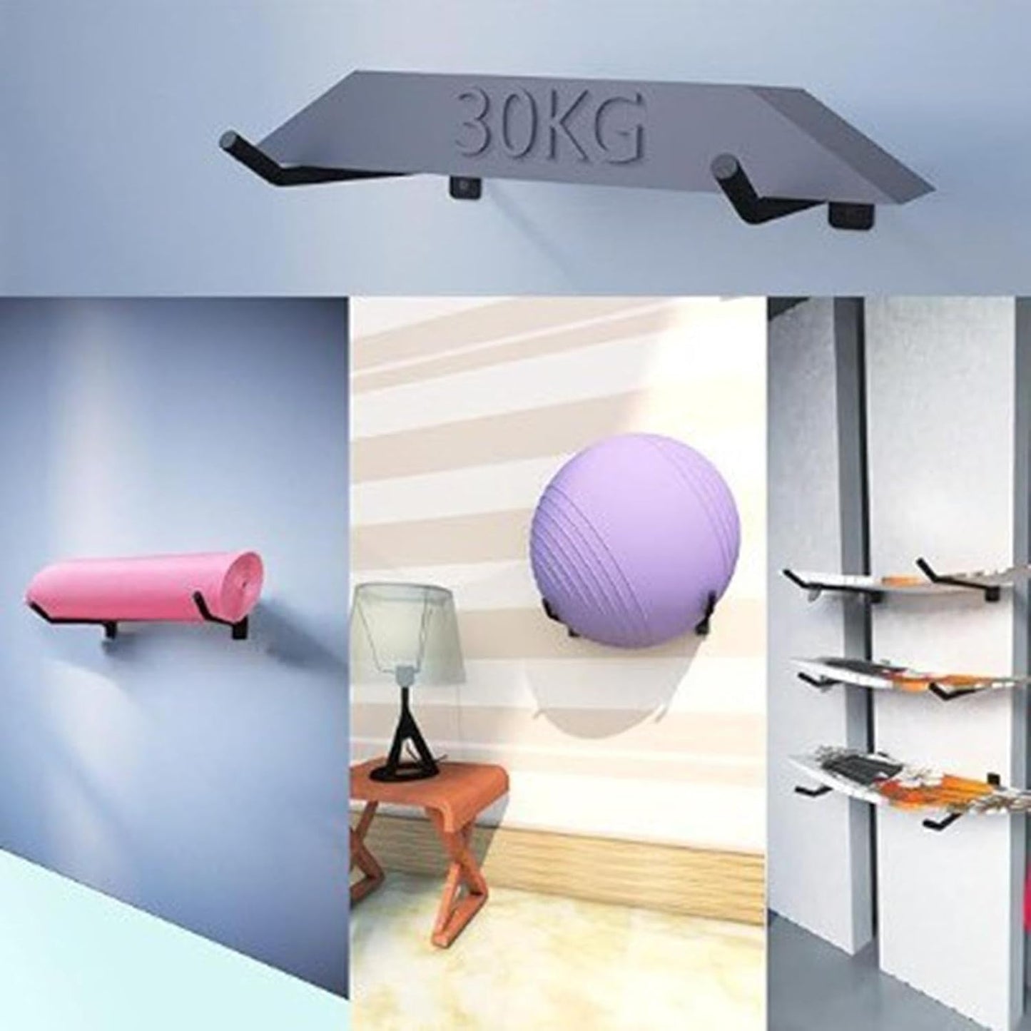 Exercise Ball Holder, 15.35x1.57x3.94in Exercise Ball Holder Wall Mount, Black Yoga Ball Stand, 2X Heavy Duty Home Gym Accessories, Fitness Equipment Storage Organizer for Gyms, Studios, Home Gyms