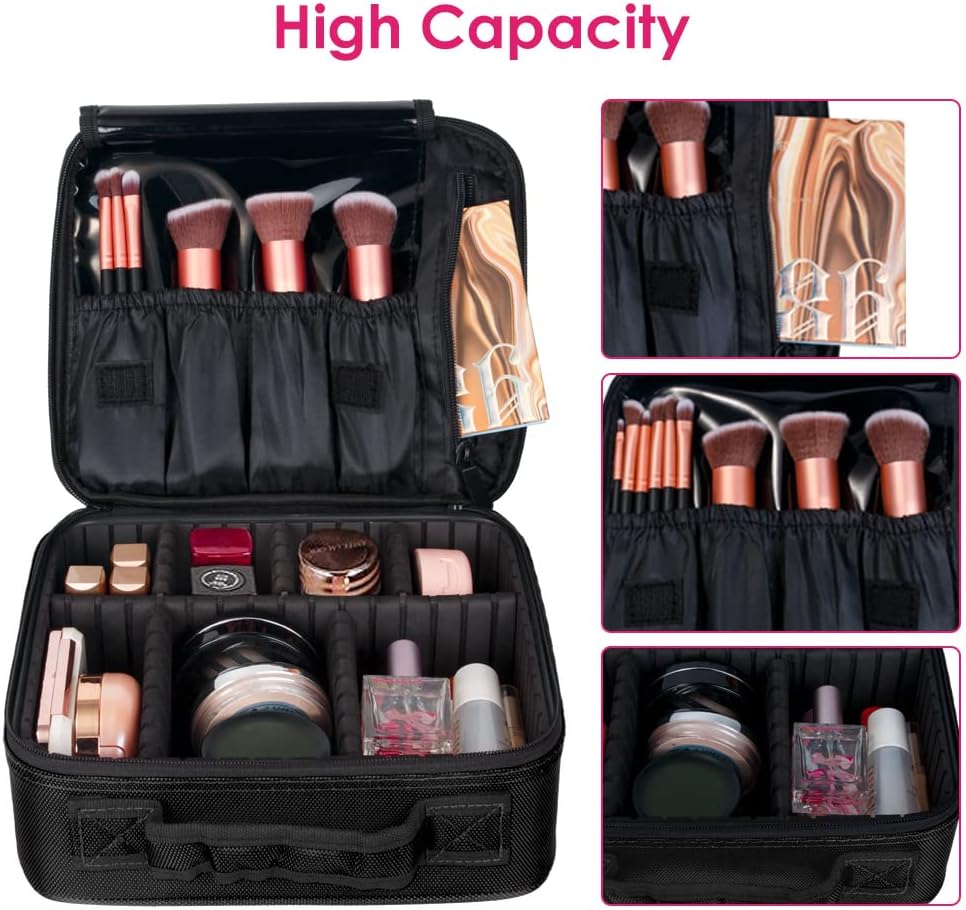 SlowTon Makeup Bag Organizer, Travel Cosmetic Bag with Adjustable Dividers, Portable Storage Case for Cosmetics Makeup Brushes Toiletry Jewelry Digital Accessories(Black,M)