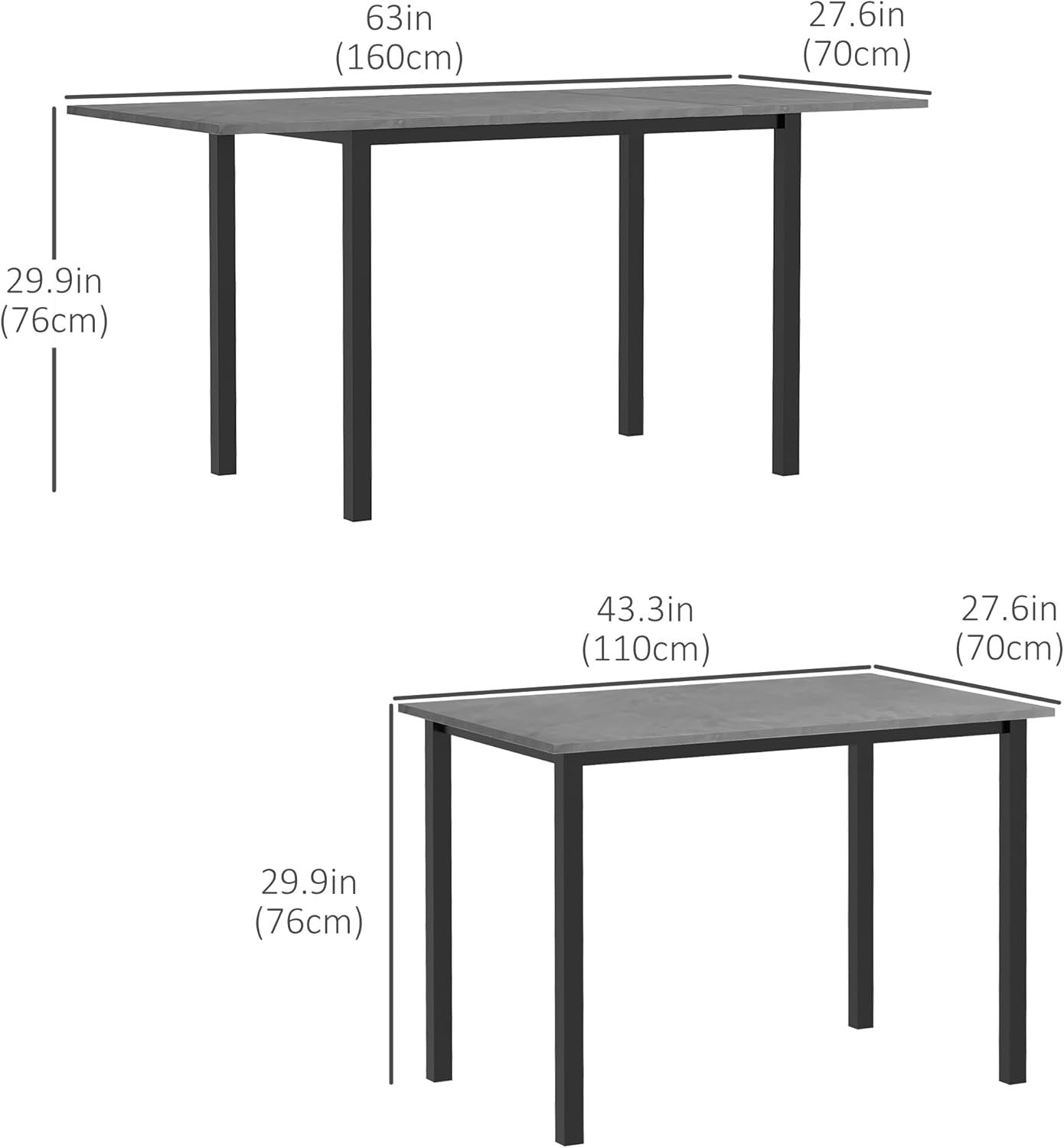 HOMCOM Expandable Dining Table with Detachable Side, Folding Kitchen Table for 6 People, Extending Table with Steel Frame for Small Spaces, Dark Grey