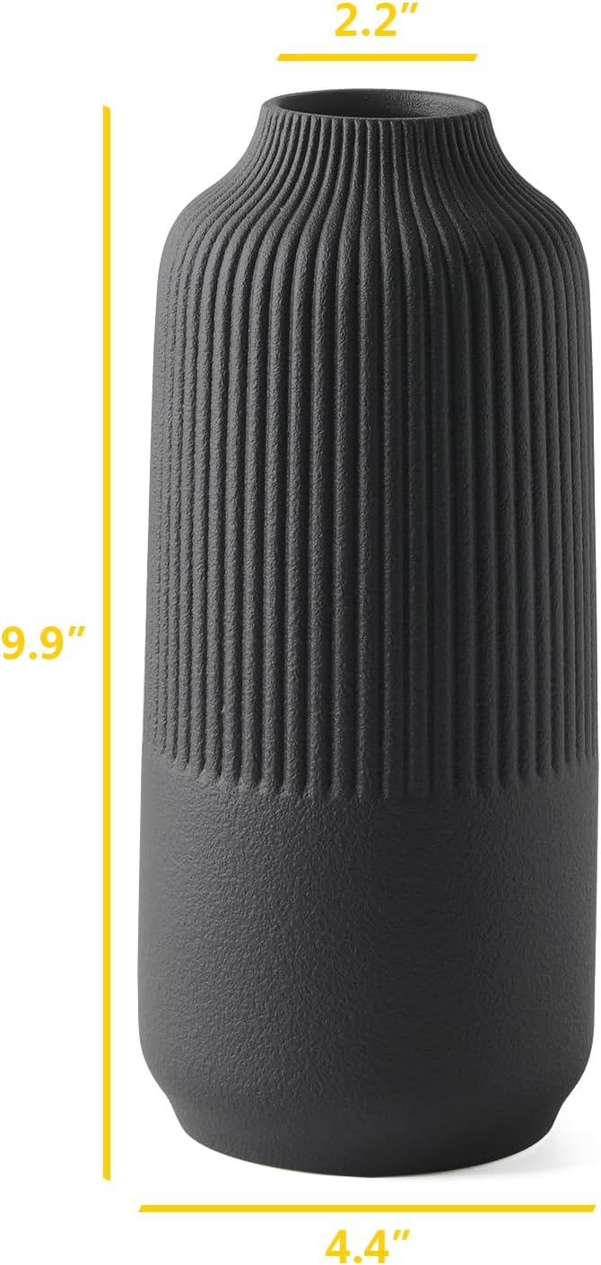 Matte Black Vase Textured Vase Ceramic Minimalist Fluted Vase Decor Modern Ribbed Flower Vases for Home Living Room, Office, Centerpiece and Wedding