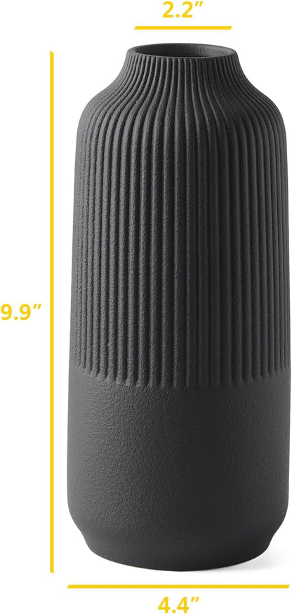 Matte Black Vase Textured Vase Ceramic Minimalist Fluted Vase Decor Modern Ribbed Flower Vases for Home Living Room, Office, Centerpiece and Wedding