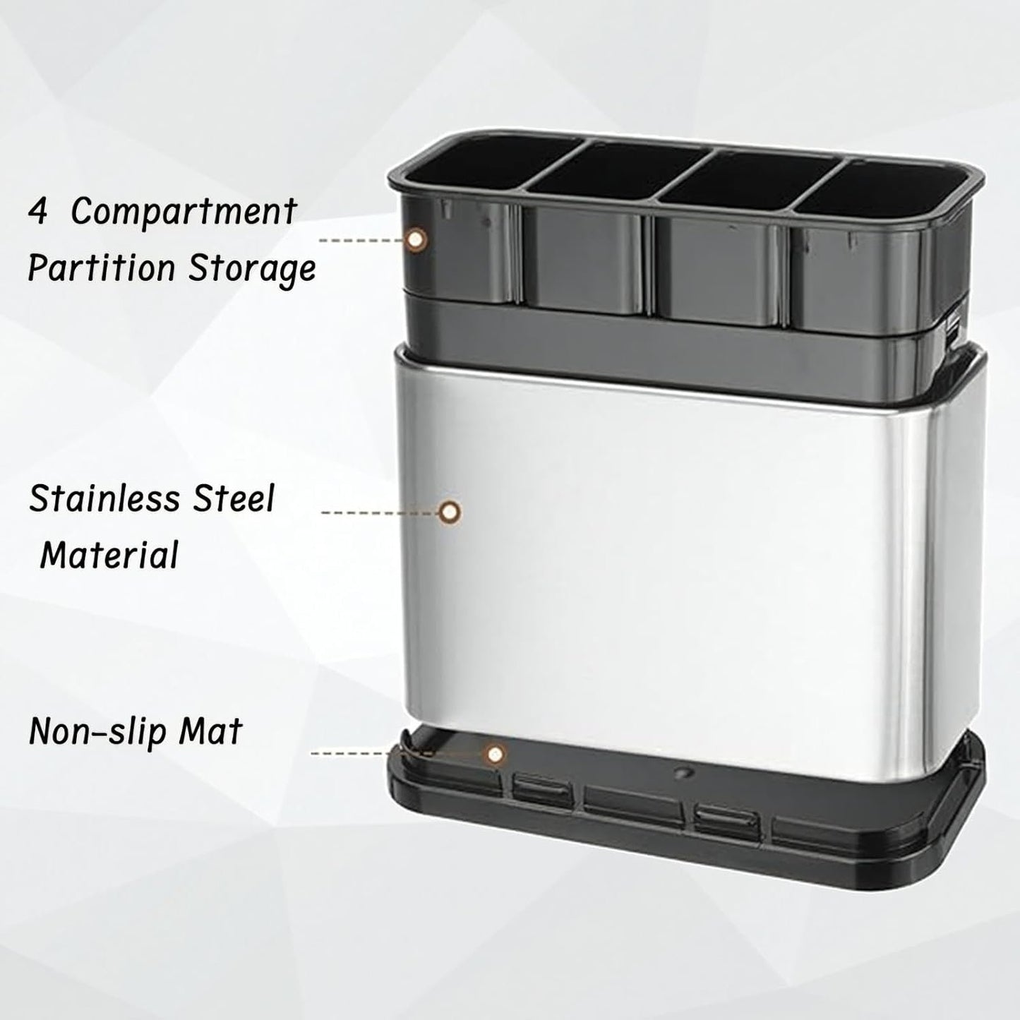 4-Compartment Stainless Steel Utensil Holder with Removable Tray, Anti-Slip, Quick-Dry Design, Rust-Proof Cutlery Organizer for Kitchen Countertop (18x8.6x13cm)