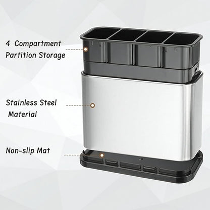 4-Compartment Stainless Steel Utensil Holder with Removable Tray, Anti-Slip, Quick-Dry Design, Rust-Proof Cutlery Organizer for Kitchen Countertop (18x8.6x13cm)