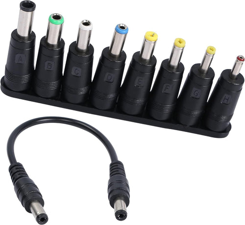 QIANRENON 8-in-1 Universal DC Power Adapter Converter Multi-Gauge DC Power Supply Plug 5.5mm x 2.1mm Female to Male Adapter with DC 5.5 x2.1mm Black Tuning Fork Cable (22cm)