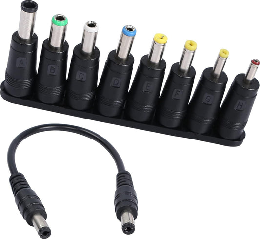 QIANRENON 8-in-1 Universal DC Power Adapter Converter Multi-Gauge DC Power Supply Plug 5.5mm x 2.1mm Female to Male Adapter with DC 5.5 x2.1mm Black Tuning Fork Cable (22cm)