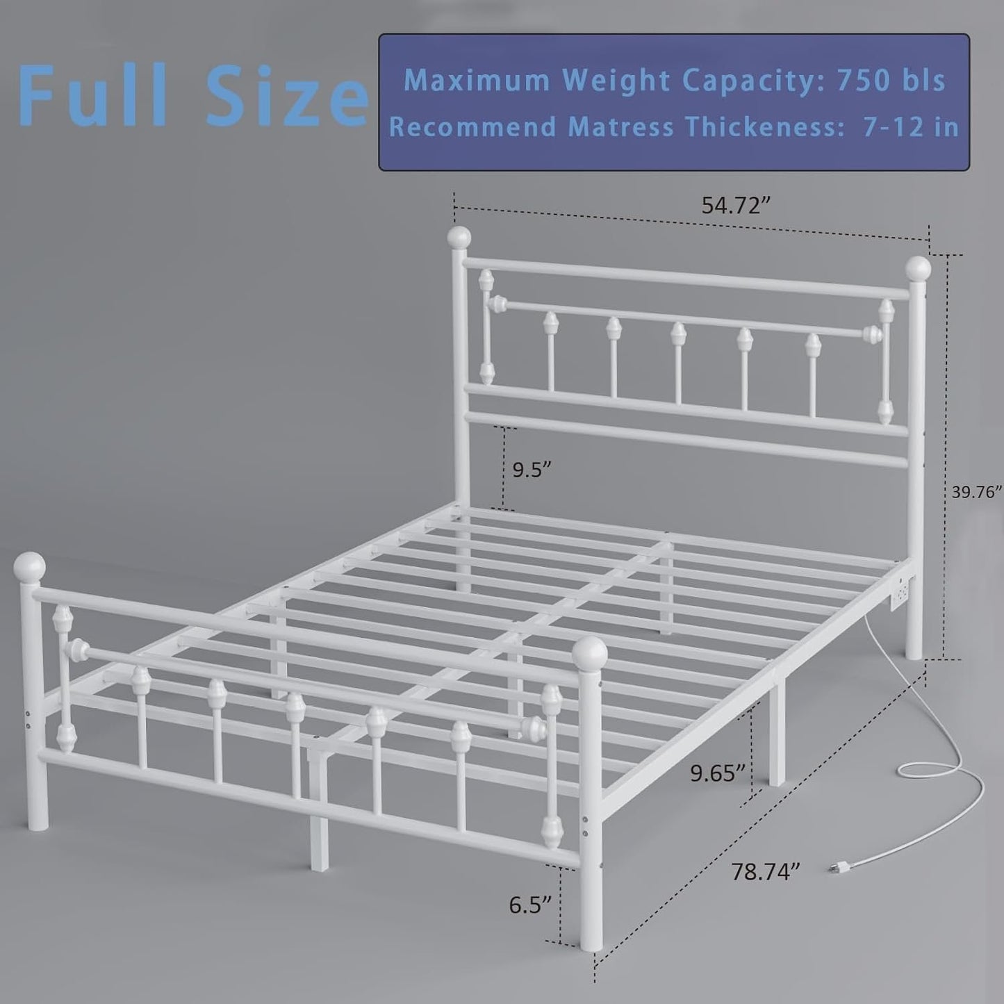 Bed Frame Full Size with Charging Station, LED Bed Frame with Victorian Style Headboard, Under-Bed Storage, No Box Spring Needed, Easy Assembly, White
