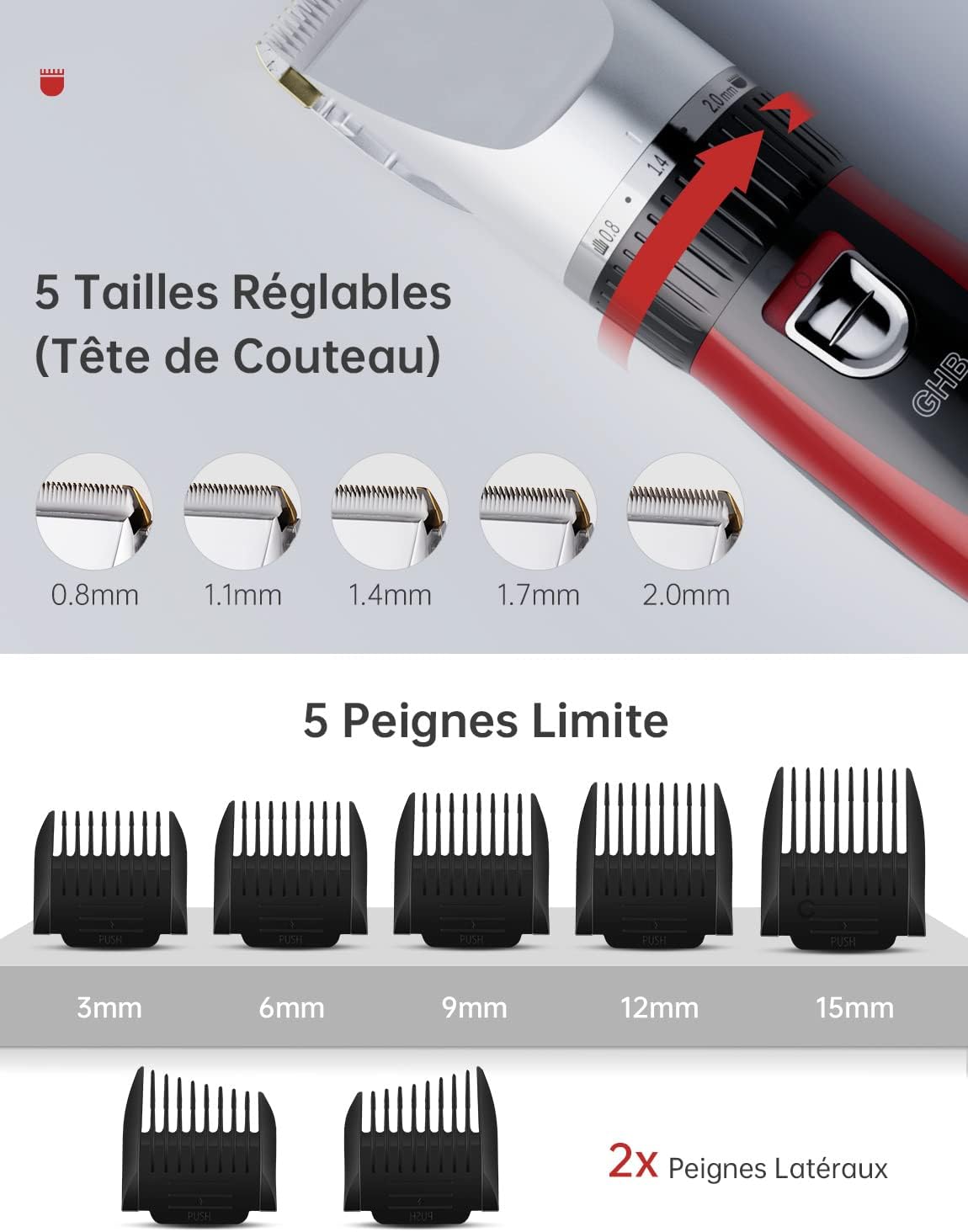 GHB Cordless Hair Clipper for Men, 2 Lithium Batteries, 14 Pieces for Men, Kids, Home Salon, Hairdresser