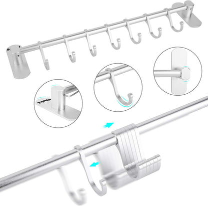 Poprkdre Kitchen Utensil Holder with 7 Hooks, 40 cm Kitchen Utensil Bar, Kitchen Utensils Holder for Kitchen Gadgets / Pot/Ladle, Aluminium, Matt Silver