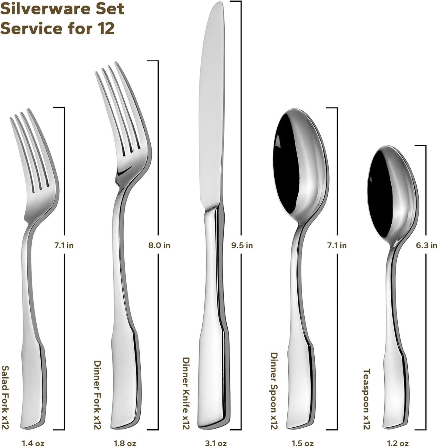 Kate 65-Piece Silverware Set with Utensil-Serving Set, Service for 12, Stainless Steel Flatware Set, Mirror Polished Cutlery Set, Dishwasher Safe