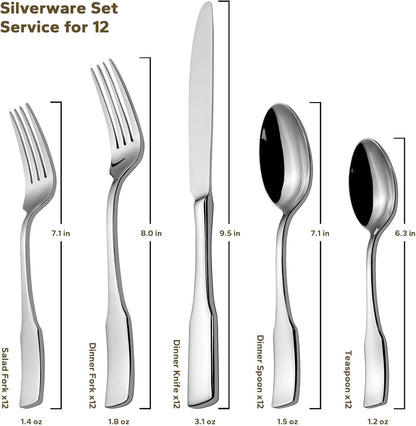 Kate 65-Piece Silverware Set with Utensil-Serving Set, Service for 12, Stainless Steel Flatware Set, Mirror Polished Cutlery Set, Dishwasher Safe