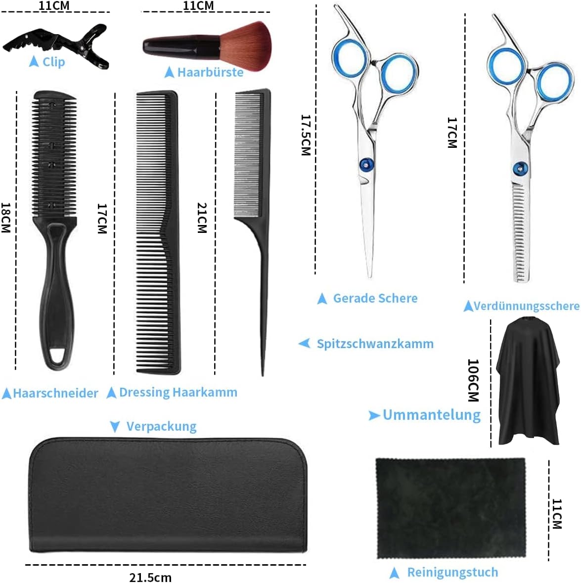 Professional Hairdressing Scissors Set – 11 Pieces for Cutting, Thinning and Stylizing Hair and Beard – Ideal for Home and Professional Use