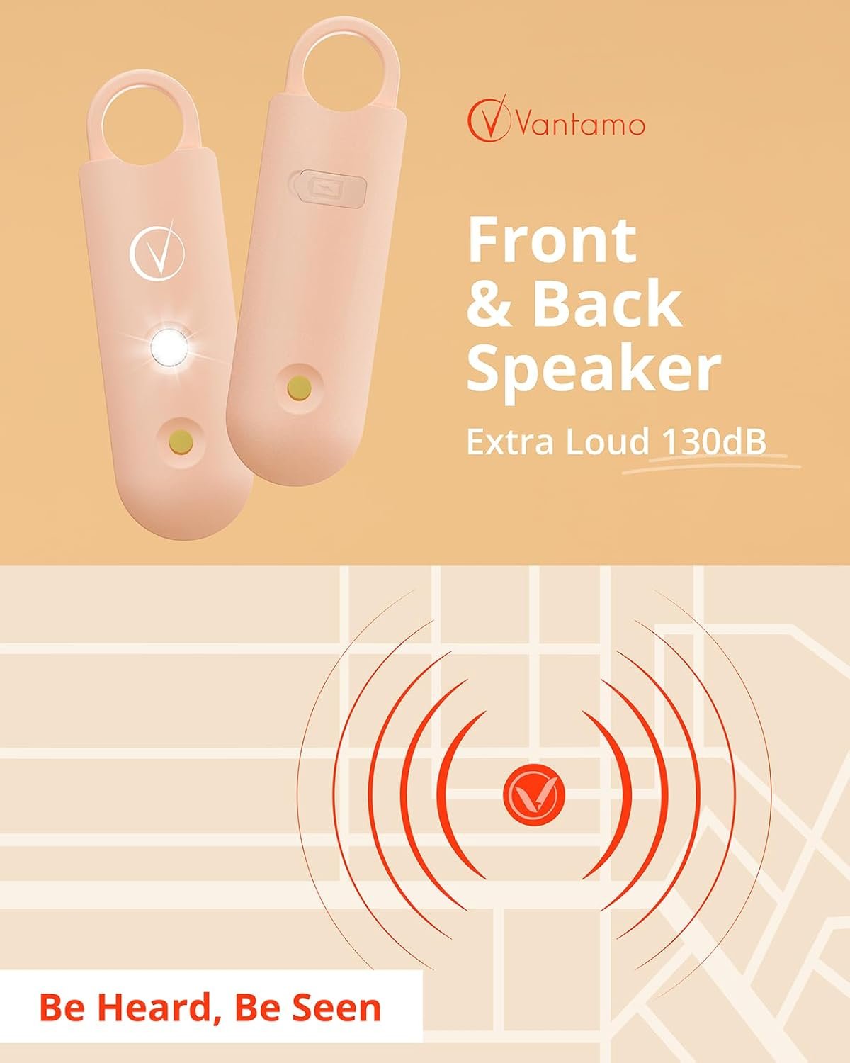 Vantamo Personal Alarm with Strobe LED Light, Extra Loud 130dB Self Defense Keychain with 2 Dynamics, Unique Safety Keychain for Women with Keyring for Bag or Backpack & Low Battery Notice