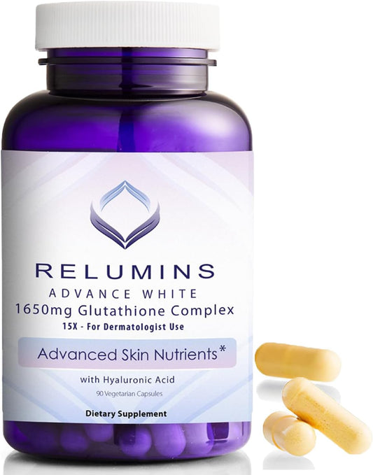 Relumins 1650mg L-Glutathione Complex with Hyaluronic Acid, Alpha Lipoic Acid, Rose HIPS, Vitamin E & Riboflavin – Antioxidant Support, Skin Hydration & Wellness – 90 Veggie Capsules