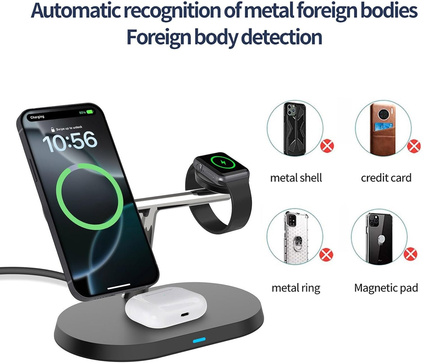 VNBBT 3 in 1 Wireless Charger, 15W Fast Magnetic Wireless Charging Stand Compatible Mag-Safe Charging for iPhone 16/15/14/13/12 Pro Max Series,AirPods,Apple Watch Series 10/9/8/7/6/SE/5/4/3/Ultra 2