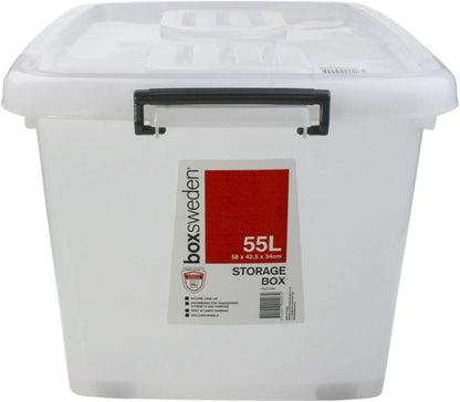 5 x HEAVY DUTY UTILITY STORAGE BINS 55L Stackable Plastic Storage Tub Container Clear Large Storage Box Tote Bin Boxes Bins With Durable Clip on Lid