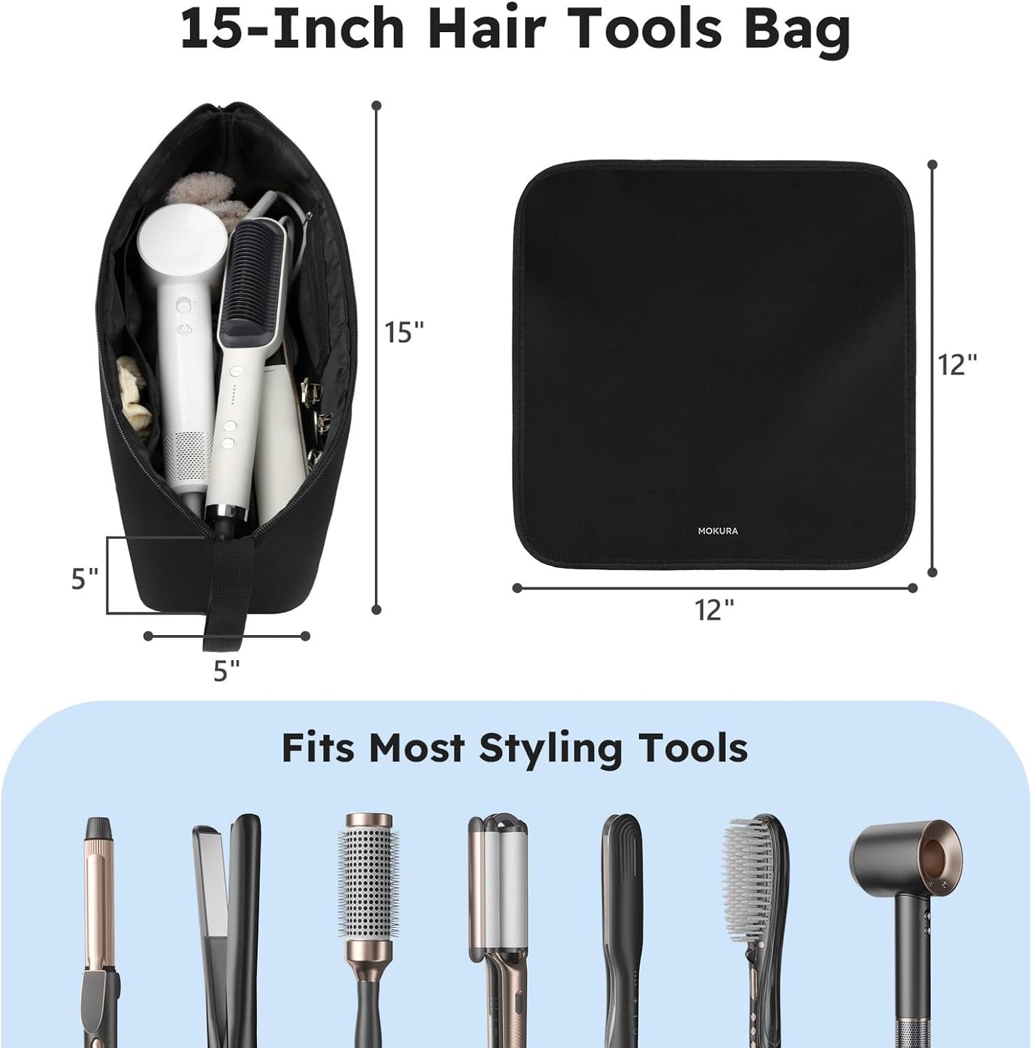 MOKURA Hot Hair Tools Travel Bag with Heat Resistant Mat Removable, Hair Accessories Organizer Case, Women Travel Essentials, Storage Pouch for Curling Iron Straightener Flat Iron Hair Dryer, Black