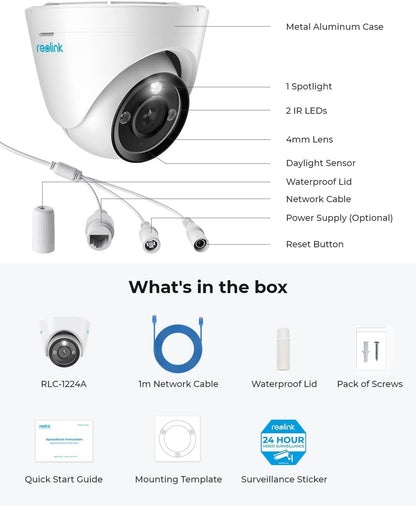 REOLINK 12MP PoE IP Camera Outdoor, 93Â° Wide Angle Dome Surveillance Cameras for Home Security, Human/Vehicle/Pet Detection, 700lm Color Night Vision, Two Way Talk, Up to 256GB microSD Card, RLC-1224A