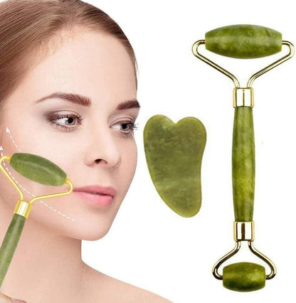 Jade Face Roller - GLAMZA Double Ended Facial Roller - Stimulates Lymphatic Drainage, Improving Skin-tone & Reducing Fine Lines & Wrinkles