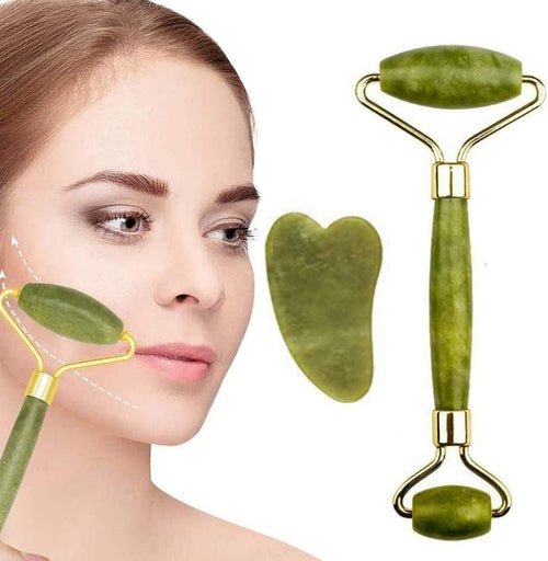 Jade Face Roller - GLAMZA Double Ended Facial Roller - Stimulates Lymphatic Drainage, Improving Skin-tone & Reducing Fine Lines & Wrinkles