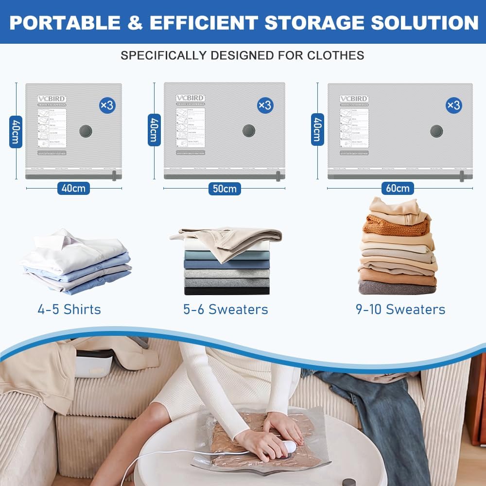 Vacbird Vacuum Bags Clothes with USB Electric Pump, 9 Pieces of Vacuum Bags (3 x 40 x 40 cm / 3 x 40 x 50 cm / 3 x 40 x 60 cm) Vacuum Bags Travel Clothes, Reusable, Space-Saving