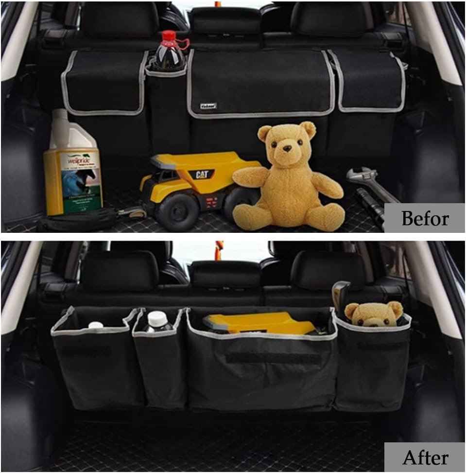 Mearo Trunk Organizer, Car Organizer, Foldable Waterproof Multi Compartment Car Storage Organizer with 4 Pockets, Large Capacity Hanging Organizer Car Accessories Universal for Car Truck SUV