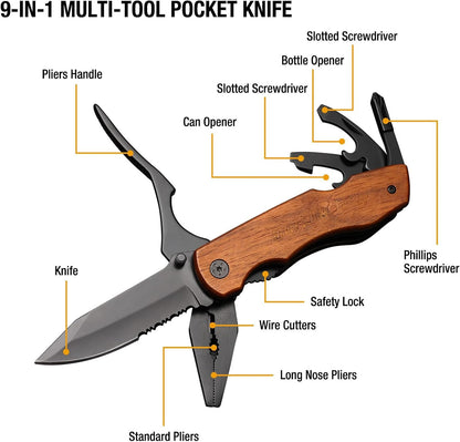 DURATECH 9-in-1 Multitool with Safety Locking, Wood Handle Pocket Multi Tool with Pliers Knife Bottle Opener Screwdriver Saw for Outdoor, Survival, Camping Hunting, Fishing and Hiking