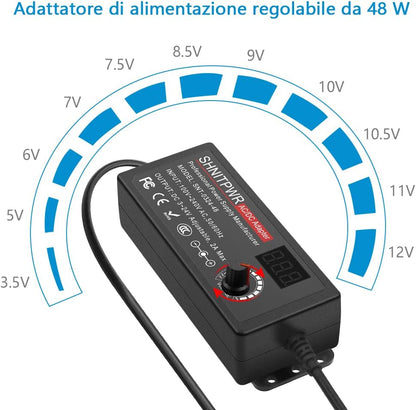 SHNITPWR Alimentatore universale da 3,5V ~ 24V, 48W, 2A, AC/DC, con 14 connettori adattatori, per dispositivi elettronici da 3,5 V a 24V, cornice per fotocamera per baby monitor e strisce LED, ecc.