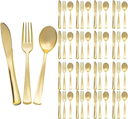 75Pcs Gold Disposable Plastic Cutlery, Plastic Heavy Duty Utensils for Parties, Gold Silverware Cutlery Set Include 7.4In Forks and 6.9In Spoons, 7.9In Knives (75Pcs)