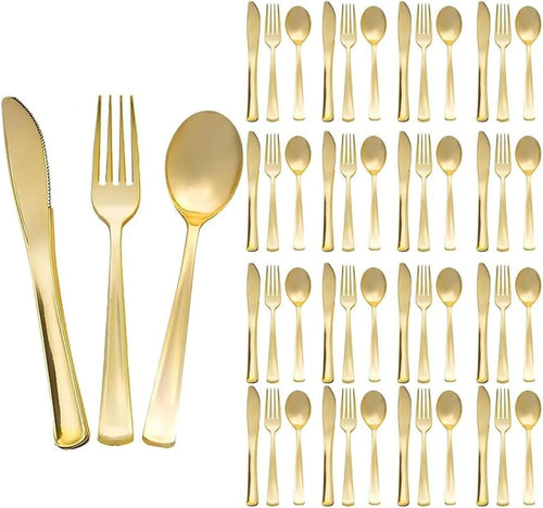 75Pcs Gold Disposable Plastic Cutlery, Plastic Heavy Duty Utensils for Parties, Gold Silverware Cutlery Set Include 7.4In Forks and 6.9In Spoons, 7.9In Knives (75Pcs)