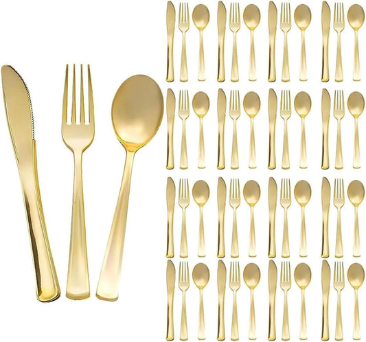 75Pcs Gold Disposable Plastic Cutlery, Plastic Heavy Duty Utensils for Parties, Gold Silverware Cutlery Set Include 7.4In Forks and 6.9In Spoons, 7.9In Knives (75Pcs)