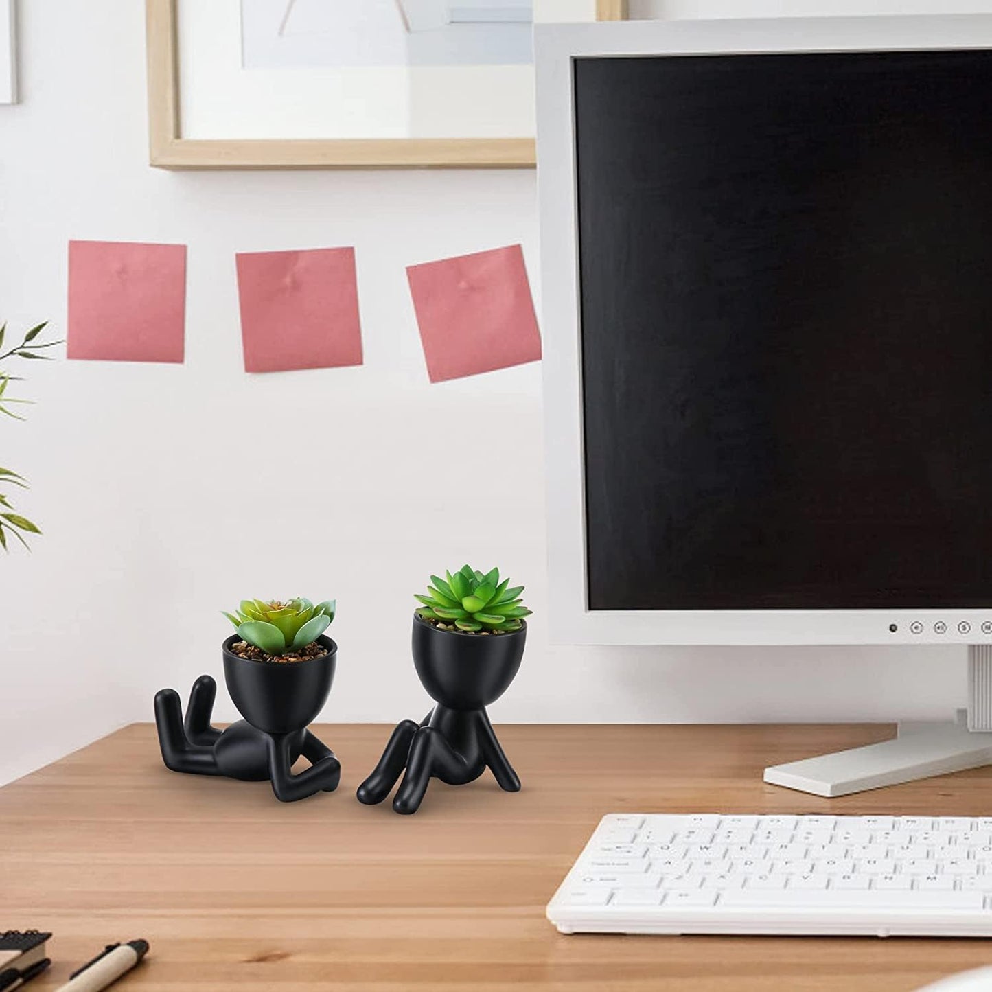 Fake Succulent, Mini Succulents Plants Artificial in Black Modern Human Shaped Ceramic Pots Cute Desk Decor Desk Plant for Office Decor, Cute Fake Plants Bathroom Decor 2PCS